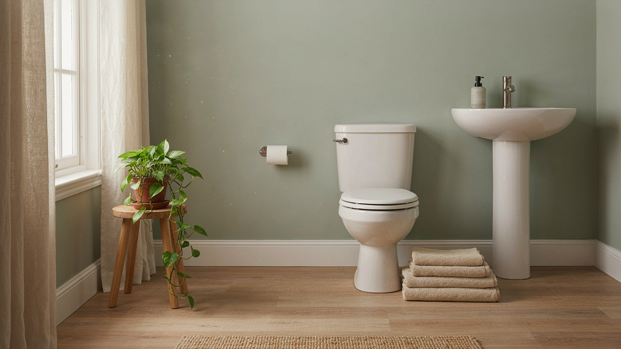 A bright, clean family bathroom with a white toilet, beige towels and a small plant