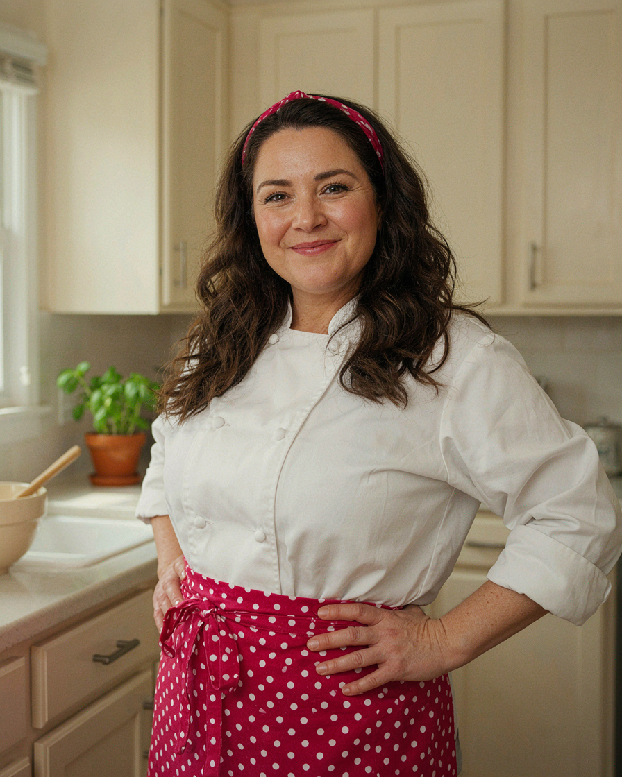 Claire, a smiling home cook in a pink polka dot apron in her bright kitchen